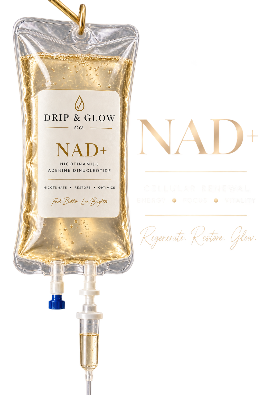 NAD+ 500mg IV infusion bag by Drip & Glow, supporting cellular renewal, energy, focus, and vitality